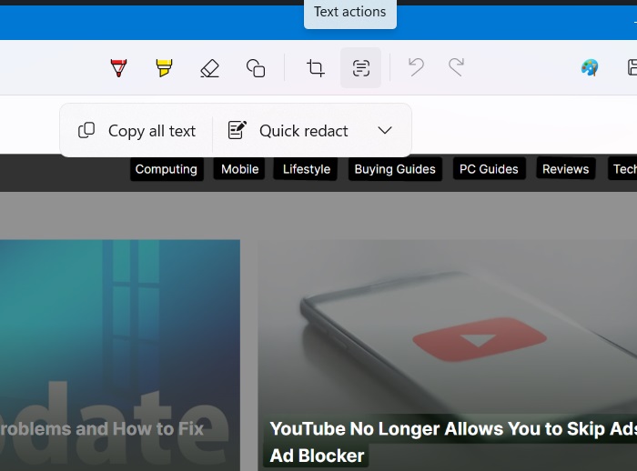 Using Text actions to grab text from screenshots in Snipping Tool.