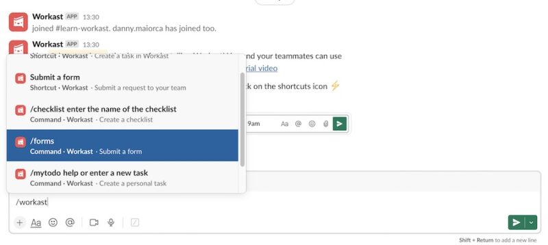 The shortcut to create a Workast form in Slack