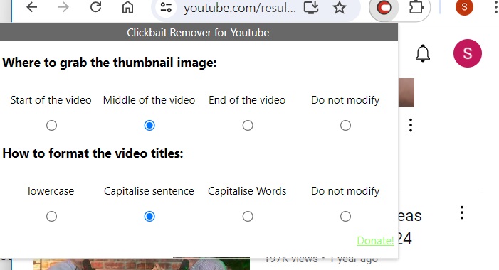 An extension called "Clickbait remover for YouTube" shows where to place video thumbnails.