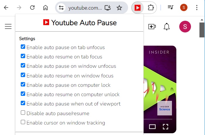 All the pause settings on an extension, YouTube Auto Pause.