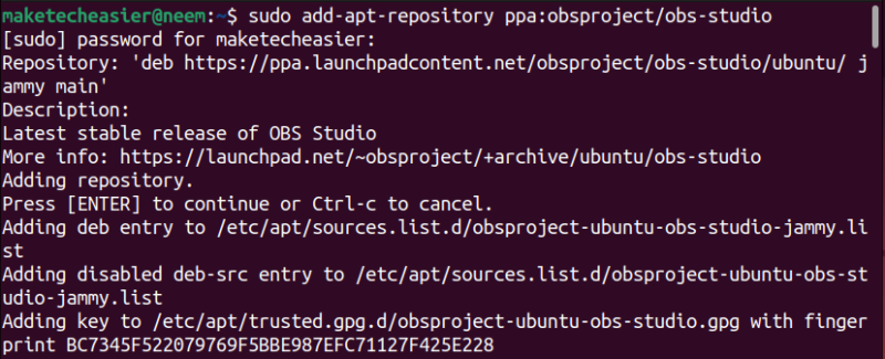 Output of a command that adds OBS Studio PPA repository.