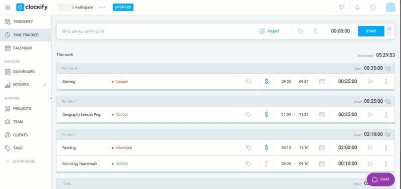 Clockify extension interface view in Chrome browser.