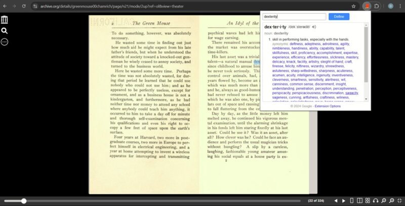 Google Dictionary extension available while reading ebook in browser.