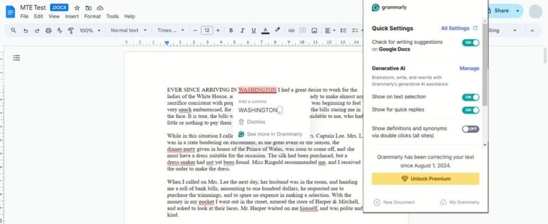 Google Docs text when Grammarly extension for Chrome is active.