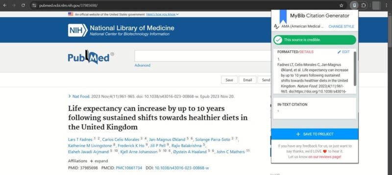 MyBib extension in action in Chrome browser.