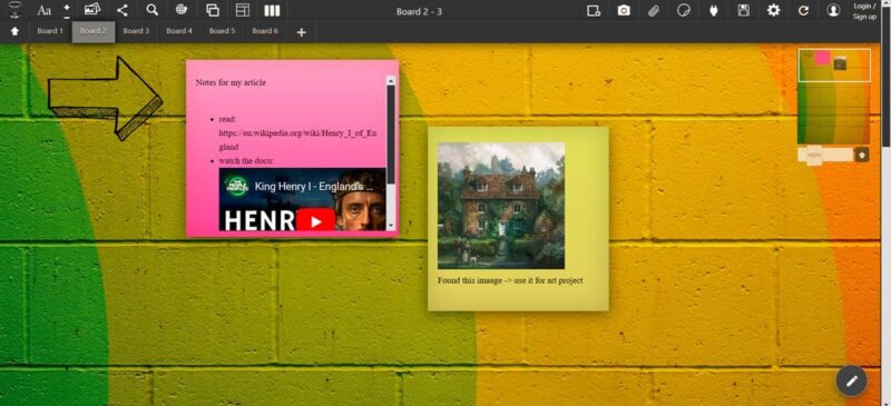 Sticky notes board visible in Chrome with Note Board extension.