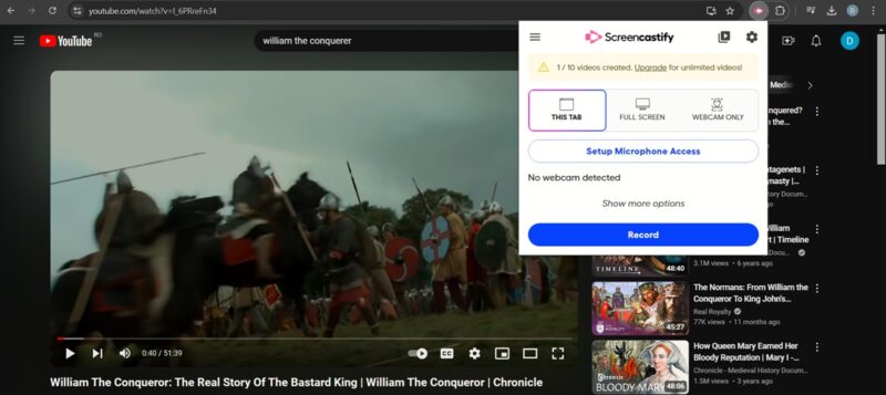 Recording browser window with Screencastify extension.