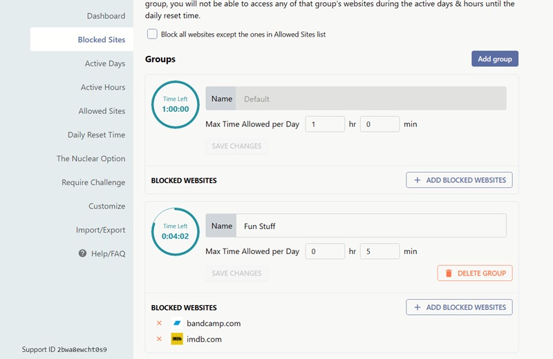 StayFocused dashboard view in Chrome browser.