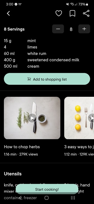 Kitchen Stories app showing video instructions in a recipe.
