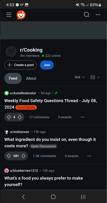 Exploring the Cooking subreddit on the Reddit app.