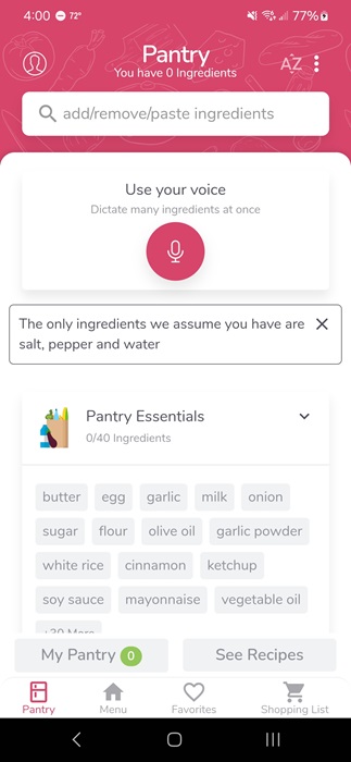 Choosing ingredients in the SuperCook app.