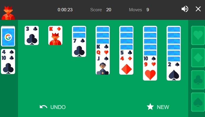 Solitaire game view in Google Search. 