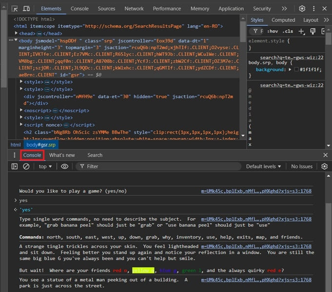Text Adventure Google game view in browser.