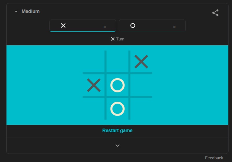Tic Tac Toe Google game view in browser.