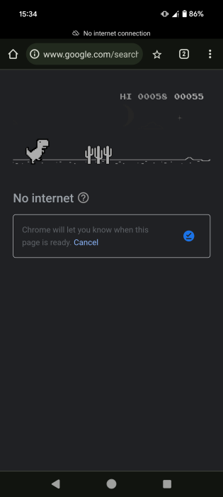 Playing T-Rex game in Chrome mobile browser without Internet.