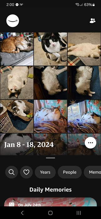Amazon Photos app showing memories and organized photos.