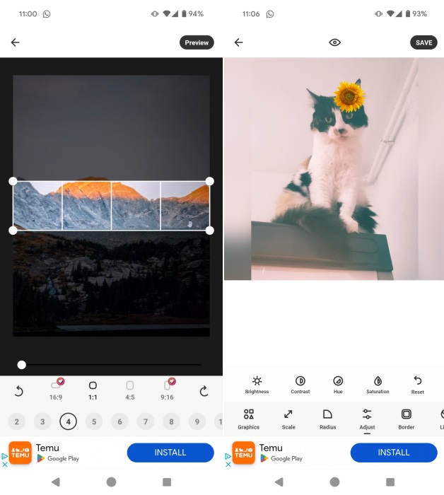 Panocut app interface overview on Android.