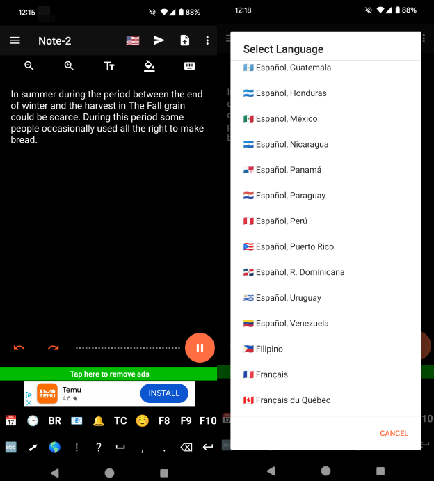 Recording spoken voice with Speechnotes and turning it into text on Android phone.