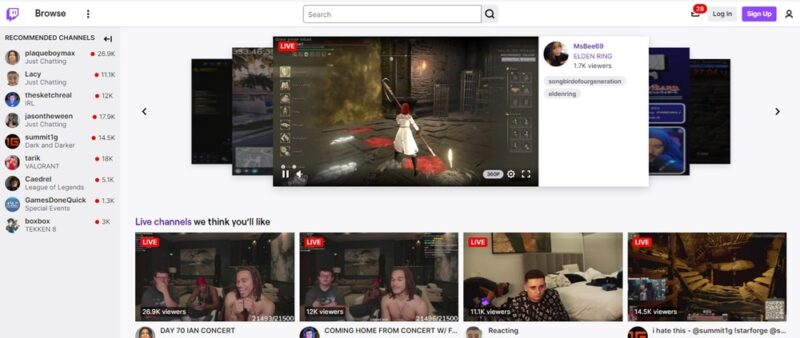 Twitch homepage with several gaming live streams in progress.