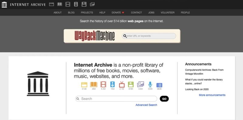 Internet Archive homepage with categories and wayback machine.