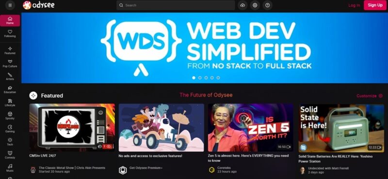 Viewing one of the best decentralized YouTube alternatives, Odysee.