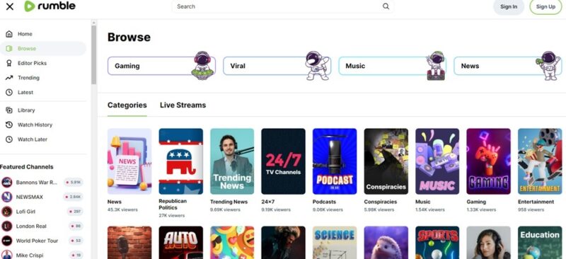 Browsing categories on Rumble.