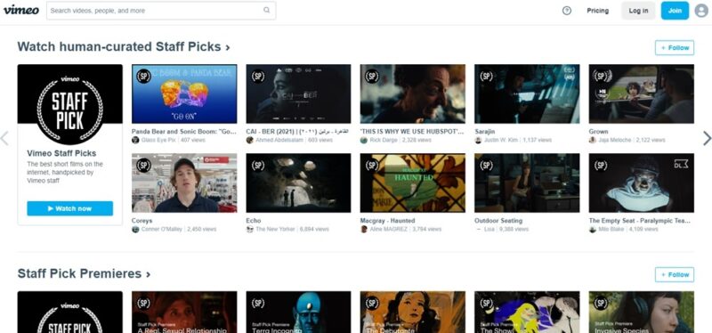 Viewing staff picks on Vimeo, one of the highest quality YouTube alternatives.