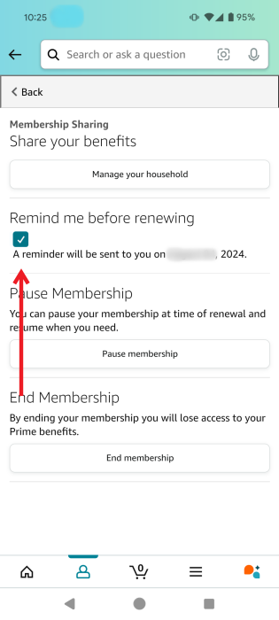 Enabling "Remind me before renewing" option in Amazon app for Android.