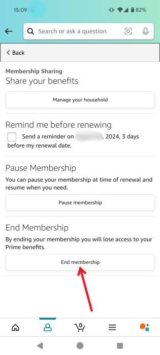 Tapping on "End membership" button in Amazon app for Android.