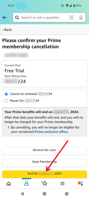 Pressing final "End on" button to end Amazon Prime membership in the mobile app. 