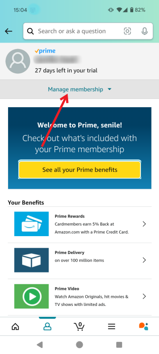 Clicking on "Manage membership" in Amazon app for Android.