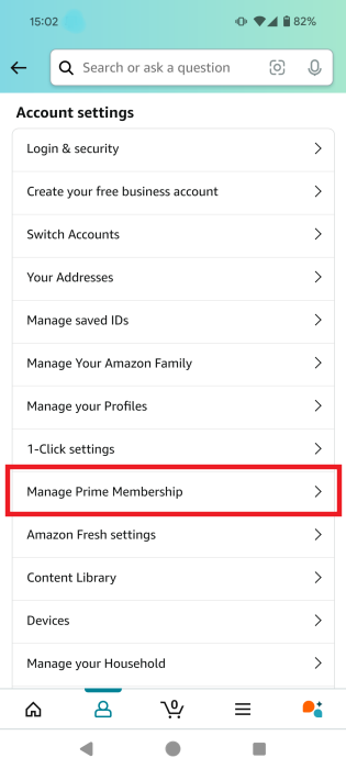 Selecting "Manage Prime Membership" option in Amazon Settings in Android app. 