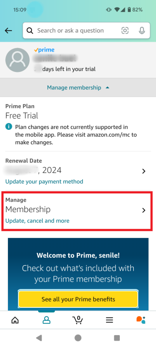 Tapping on "Manage membership" once again in Amazon app on Android.
