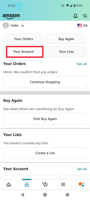 Tapping on "Your Account" option in Amazon Shopping app on Android.