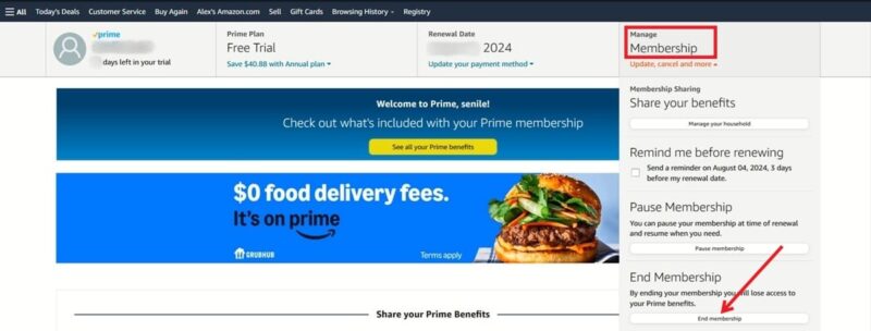 Clicking on "End Membership" button in Amazon on PC.