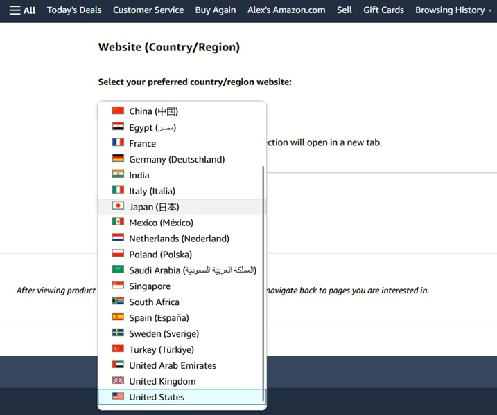 Selecting new region in Amazon in web browser.