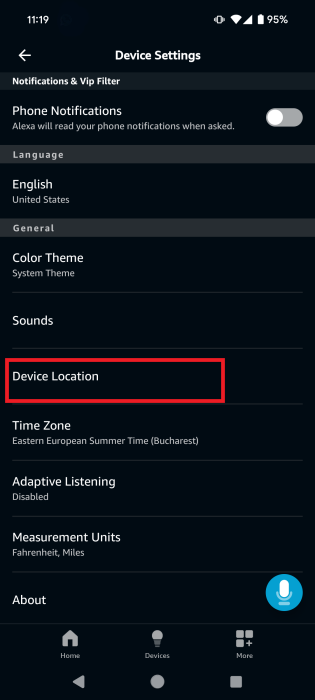 Going to "Device Location" in Amazon Alexa app.