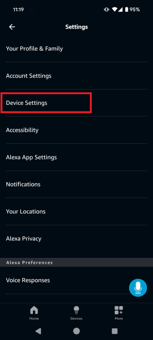 Select "Device Settings" in Amazon Alexa app.