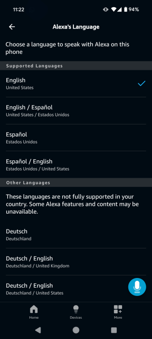 Opting for a new language in Amazon Alexa app.