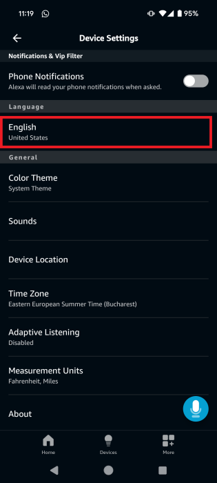 Opting for Language in Device Settings in Amazon Alexa app.