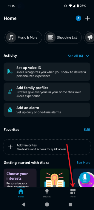 Tapping on More button in Amazon Alexa app.