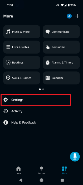 Tapping on Settings in Amazon Alexa app.