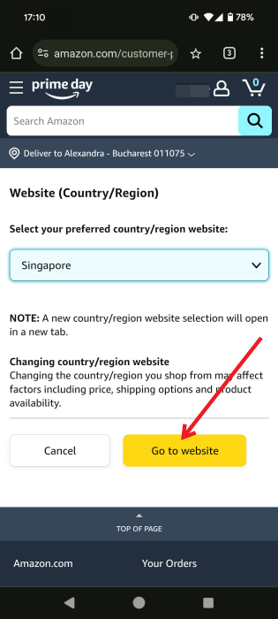 Changing country on Amazon in mobile browser.