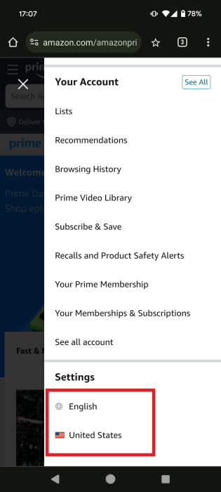 Option to change language and country visible in Amazon in mobile browser.