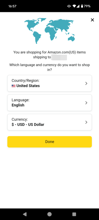 Setting a new language in the Amazon Shopping app after reinstall.