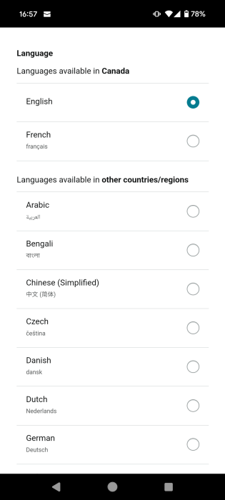 Selecting a new language in Amazon Shopping app on Android after reinstalling.