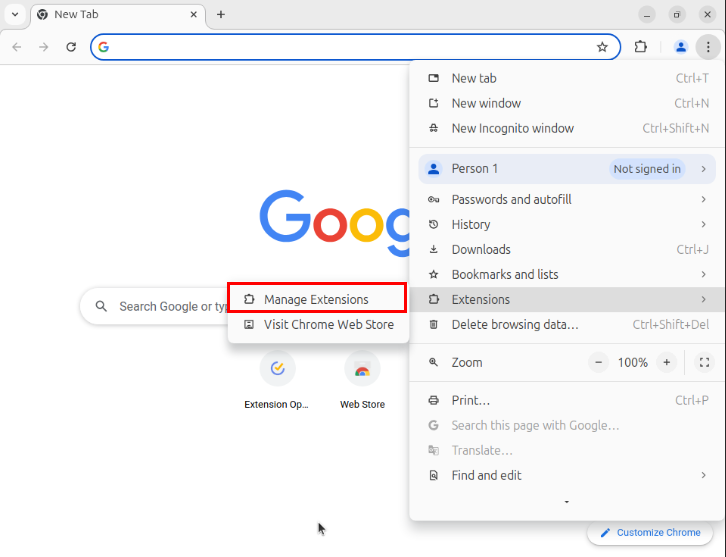 A screenshot showing the location of the "Manage Extensions" option under Chrome's menu button.