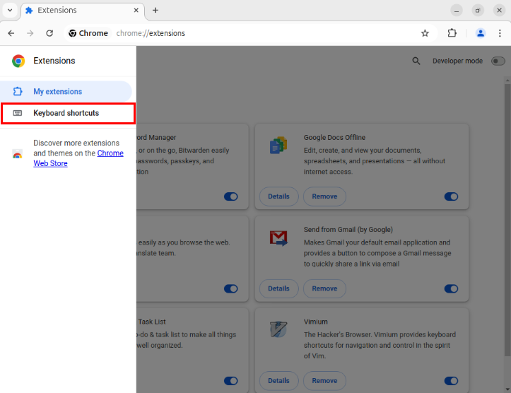 A screenshot showing the location of the "Keyboard shortcuts" option on the Extensions page's left sidebar.