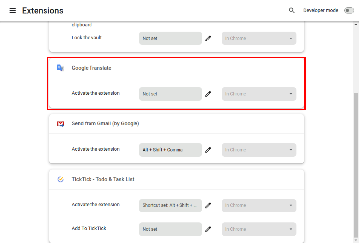 A screenshot highlighting an extension with no set hotkey.