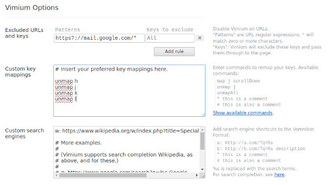 A screenshot showing the Vimium extension with its own keybind system outside of Chrome.